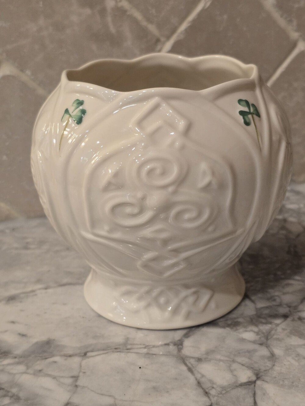 Vintage Belleek Celtic Mini Cachepot Vase Bowl Irish Porcelain Cream Shamrocks